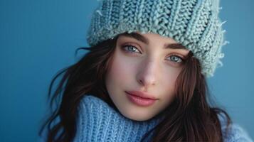 ai généré fermer portrait de magnifique Jeune brunette femme dans tricoté chapeau sur minimaliste vif Contexte photo