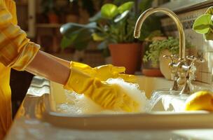 ai généré Dame portant caoutchouc gants la lessive vaisselle en utilisant savon dans évier photo