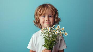 ai généré peu garçon avec fleur bouquet sur minimaliste Contexte avec copie espace photo