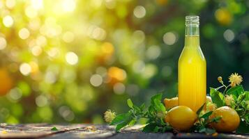 ai généré limoncello bouteille sur été flou bokeh Contexte photo