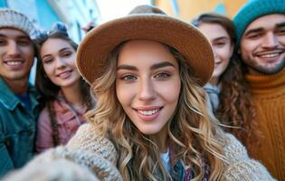 ai généré Jeune femme prise selfie avec une groupe de copains photo