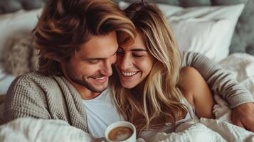 ai généré Jeune aimant couple dans le lit avec flics de café. doux et lumière couleurs. copie espace photo