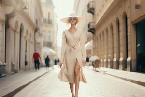 ai généré une femme portant une robe est en marchant vers le bas le rue photo