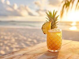 ai généré une ananas cocktail sur une table sur une plage photo