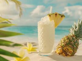 ai généré une blanc boisson avec ananas dans il sur une table près le plage photo