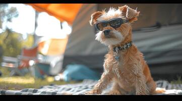 ai généré une petit chien avec des lunettes de soleil est assis sur une couverture près un store, photo