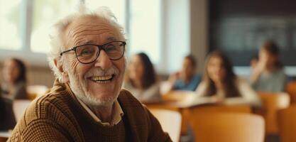 ai généré une souriant personnes âgées homme est assise dans une salle de cours photo