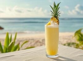 ai généré une ananas cocktail sur une table sur une plage photo