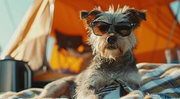 ai généré une petit chien avec des lunettes de soleil est assis sur une couverture près un store, photo