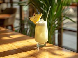 ai généré boisson servi avec tranche de ananas sur une en bois table photo