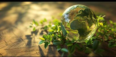 ai généré une planète Terre avec vert feuilles sur une en bois table photo