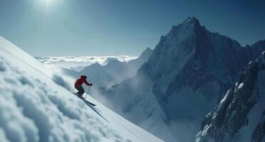 ai généré une skieur est sur le sien des skis vers le bas une montagne, photo