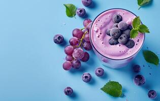 ai généré myrtille smoothie avec myrtilles et basilic feuilles sur en bois table photo