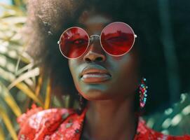 ai généré le meilleur nuances pour un africain femme portant afro cheveux photo