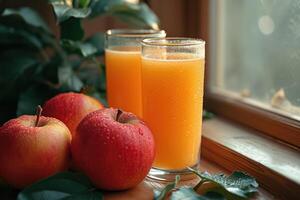 ai généré Pomme jus est Frais et en bonne santé, et Frais pommes sont mensonge sur le table suivant à il photo