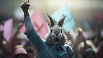 ai généré une lapin élevage poing en haut pour le sien bats toi dans le rue photo