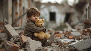 ai généré méconnaissable enfant affecté par guerre, enfant avec nounours ours seul dans le milieu de tremblement de terre ou bombe explosion destruction, triste peu garçon dans détruit ville avec une jouet photo