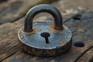 ai généré le Grange cadenas mensonges sur une en bois surface photo