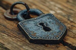 ai généré le Grange cadenas mensonges sur une en bois surface photo