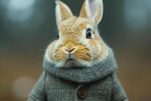 ai généré élégant lapin dans chaud vêtements en plein air photo