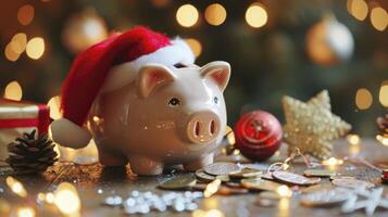 ai généré de fête porcin banque avec Père Noël chapeau et cadeau pièces de monnaie fête photo