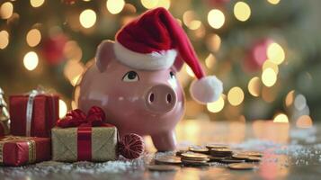 ai généré de fête porcin banque avec Père Noël chapeau et cadeau pièces de monnaie fête photo