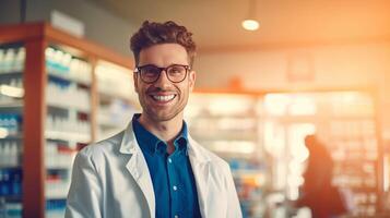 ai généré courtois souriant Masculin pharmacien dans blanc manteau assiste clients dans pharmacie fournir Conseil photo