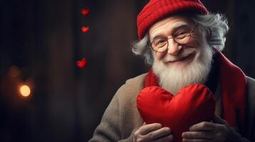 ai généré vieux homme en portant cœur symbole Valentin journée cadeau. l'amour et romantique émotion concept. photo