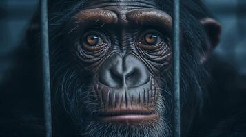 ai généré chimpanzé dans cage. concept de en gardant animaux dans captivité où elles ou ils souffrir. prisonnier. photo