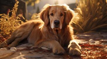 ai généré portrait de une d'or retriever pose vers le bas sur le sol photo