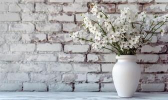 ai généré une blanc vase rempli avec fleurs sur une bois table contre une brique mur photo