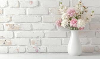 ai généré une blanc vase rempli avec fleurs sur une bois table contre une brique mur photo