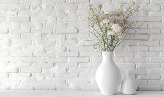 ai généré une blanc vase rempli avec fleurs sur une bois table contre une brique mur photo