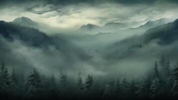 ai généré foncé brumeux forêt toile de fond enchanté les bois sombre brumeux bosquet mystère Halloween Contexte cauchemar. photo