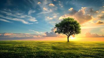 ai généré un arbre sur une large herbe plaine avec une bleu-rose ciel. une magnifique paysage le coucher du soleil. haute résolution. ai génératif photo