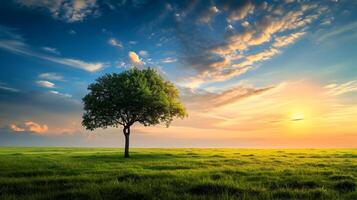 ai généré un arbre sur une large herbe plaine avec une bleu-rose ciel. une magnifique paysage le coucher du soleil. haute résolution. ai génératif photo