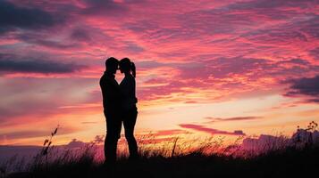 ai généré Stupéfiant image capturer le silhouette de une couple embrassement contre une vibrant le coucher du soleil photo