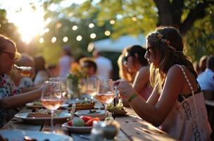 ai généré invités à un Extérieur un événement sont en mangeant en plein air dans des lunettes de du vin photo