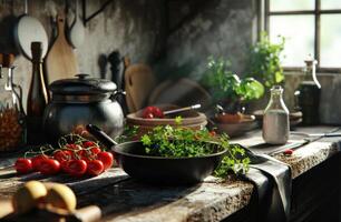 ai généré confortable cuisine dans une maison à l'extérieur le ville tandis que cuisine photo