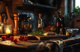 ai généré confortable cuisine dans une maison à l'extérieur le ville tandis que cuisine photo