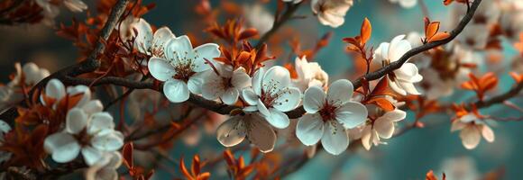 ai généré le fleur branche est couvert dans blanc fleurs photo