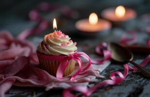 ai généré minuscule petit gâteau avec bougie et rose ruban photo