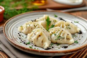 ai généré Dumplings servi sur une blanc plaque. ai généré photo