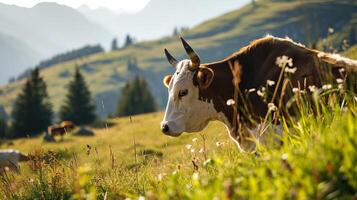 ai généré vache sur une pâturage dans une montagneux zone. ai généré. photo