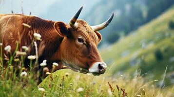 ai généré vache sur une pâturage dans une montagneux zone. ai généré. photo