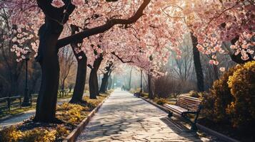 ai généré paisible promenade sous une canopée de épanouissement Cerise fleurs photo