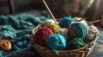 ai généré une panier de coloré des balles de fil et tricot aiguilles photo