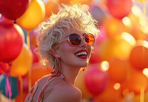 ai généré glamour blond femme dans des lunettes de soleil souriant avec coloré des ballons photo