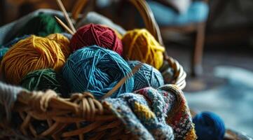 ai généré une panier de coloré des balles de fil et tricot aiguilles photo