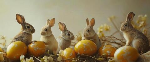 ai généré une groupe de lapins asseoir sur Haut de Jaune des œufs photo